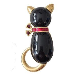 Anne Klein Gold-Tone Black Cat Red Enamel Rhinestone Bow Collar Brooch Pin, E114